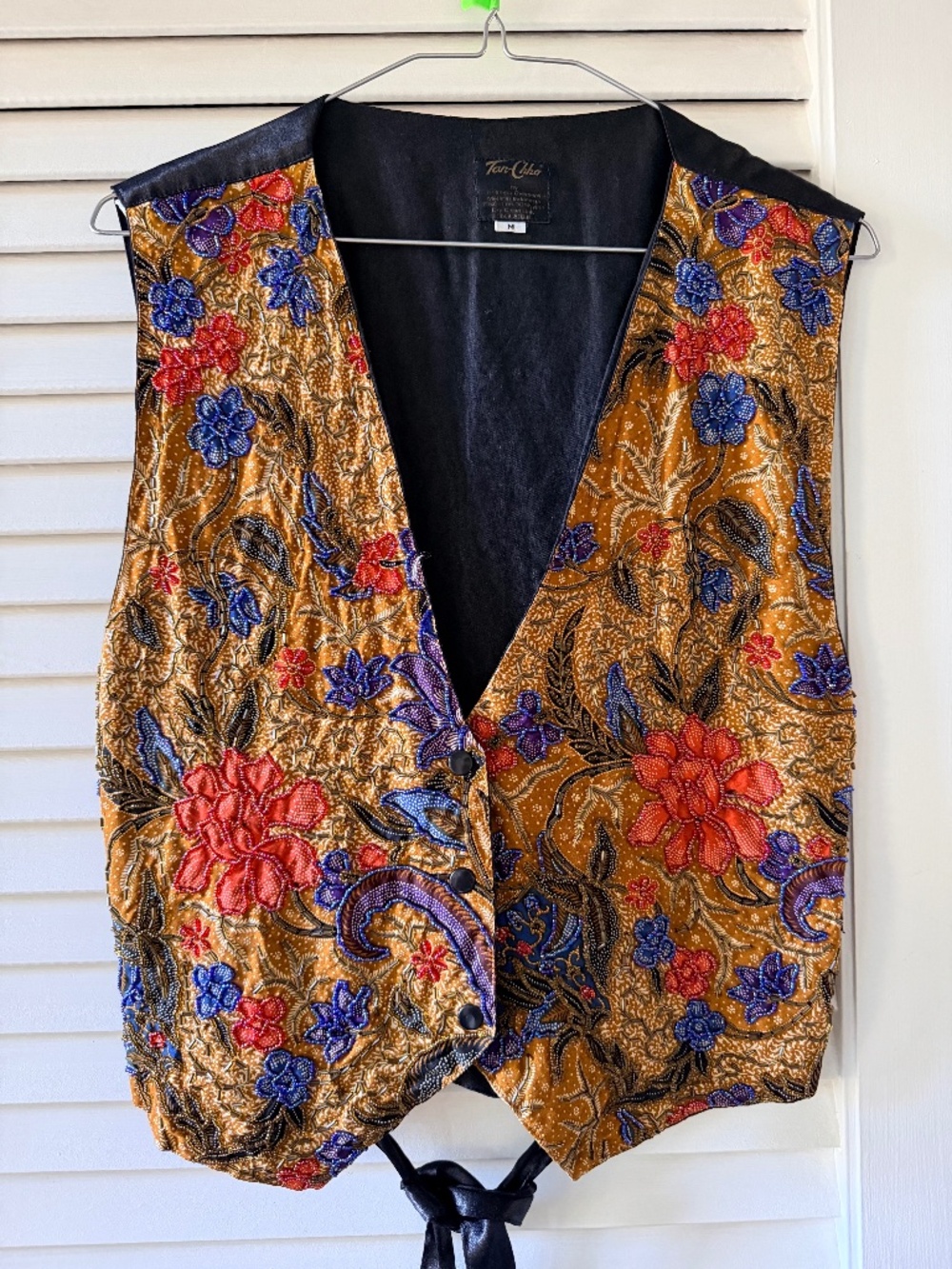 Tan Cho Floral Batik Inspired Vest batik beaded M whimsical boho festival